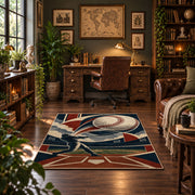 geometric baseball strike design area rug displayed in a home office