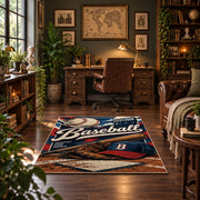 classic baseball typography collage area rug displayed in a home office