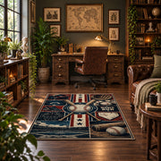baseball blueprint equipment grid area rug displayed in a home office