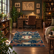 baseball glove and ball collage area rug displayed in a home office