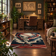 baseball pitcher action design area rug displayed in a home office