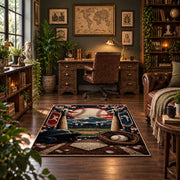 ballpark baseball gear scene area rug displayed in a home office