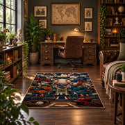 dynamic baseball player collage area rug displayed in a home office