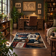 vintage baseball clubhouse collage area rug displayed in a home office