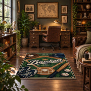 green baseball glove emblem area rug displayed in a home office