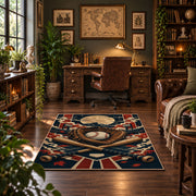 baseball glove crest collage area rug displayed in a home office