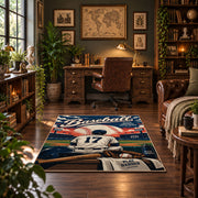 vintage baseball player poster area rug displayed in a home office