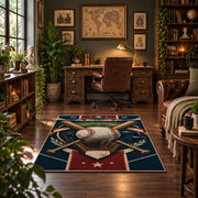 home plate baseball emblem area rug displayed in a home office