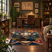 colorful baseball pennant patchwork area rug displayed in a home office