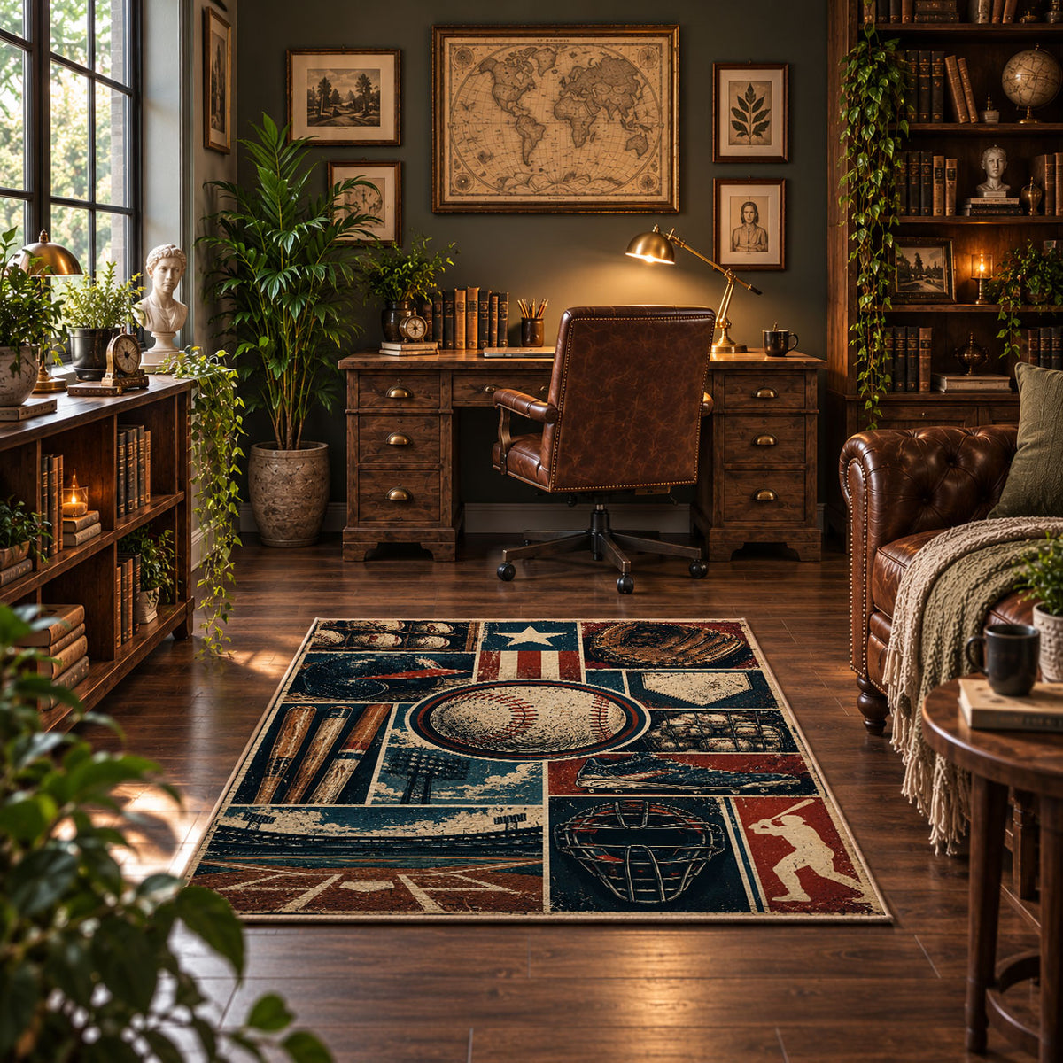 baseball stadium blueprint collage area rug displayed in a home office