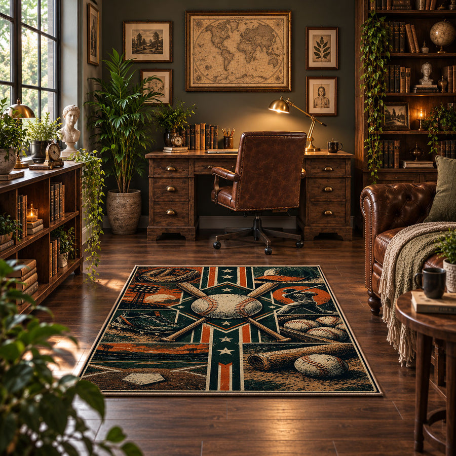 baseball glove equipment panels area rug displayed in a home office