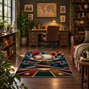dynamic baseball action collage area rug displayed in a home office