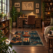 City Skyline Basketball Rug displayed in a home office