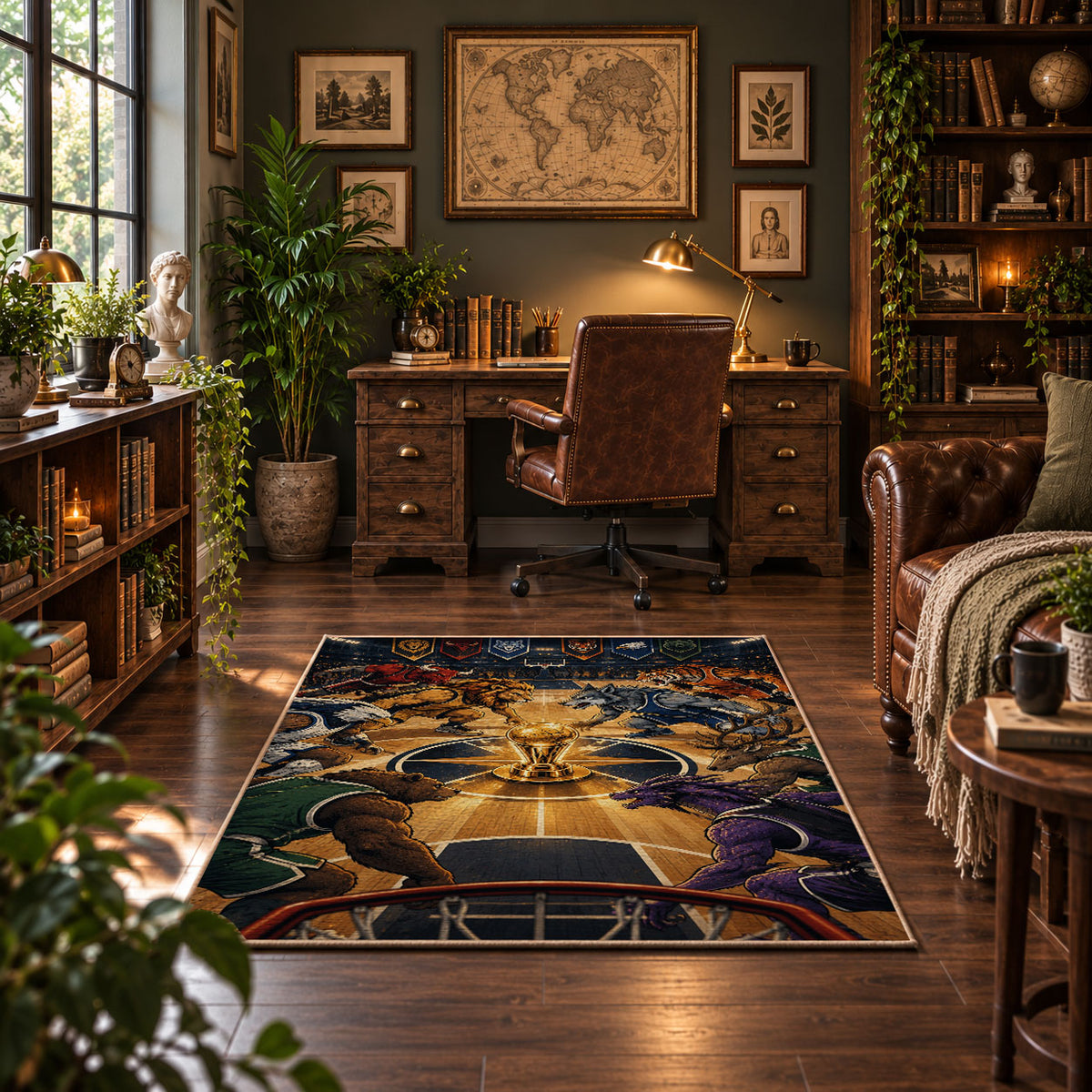 Golden Basketball Court Rug displayed in a home office