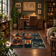 Neon City Basketball Collage Rug displayed in a home office