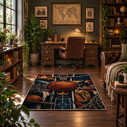 Basketball Hoop Collage Rug displayed in a home office