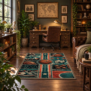 Geometric Basketball Court Collage Rug displayed in a home office
