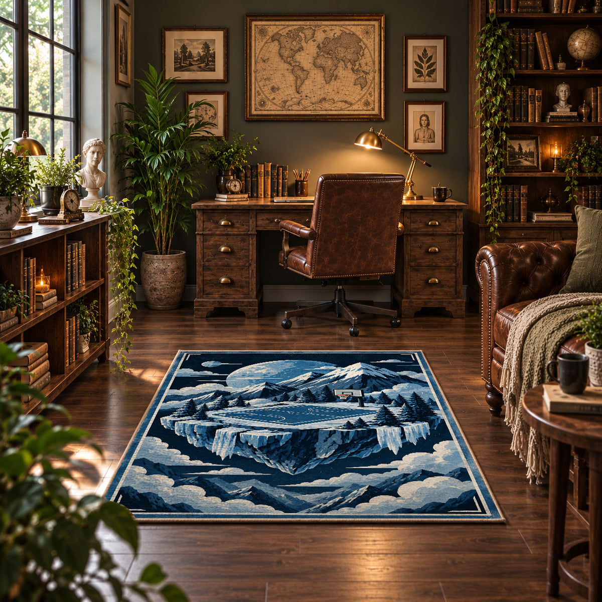 Icy Mountain Basketball Court Rug displayed in a home office