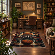 Dark Basketball Equipment Collage Rug displayed in a home office