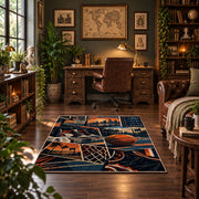 Urban Basketball Hoop Collage Rug displayed in a home office