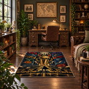 Golden Championship Trophy Basketball Rug displayed in a home office