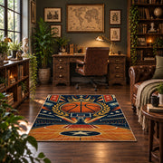 Orange Star Basketball Court Rug displayed in a home office