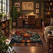 Mythic Basketball Emblem Rug displayed in a home office