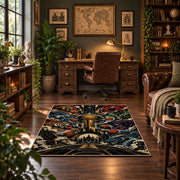Ornate Basketball Collage Rug displayed in a home office