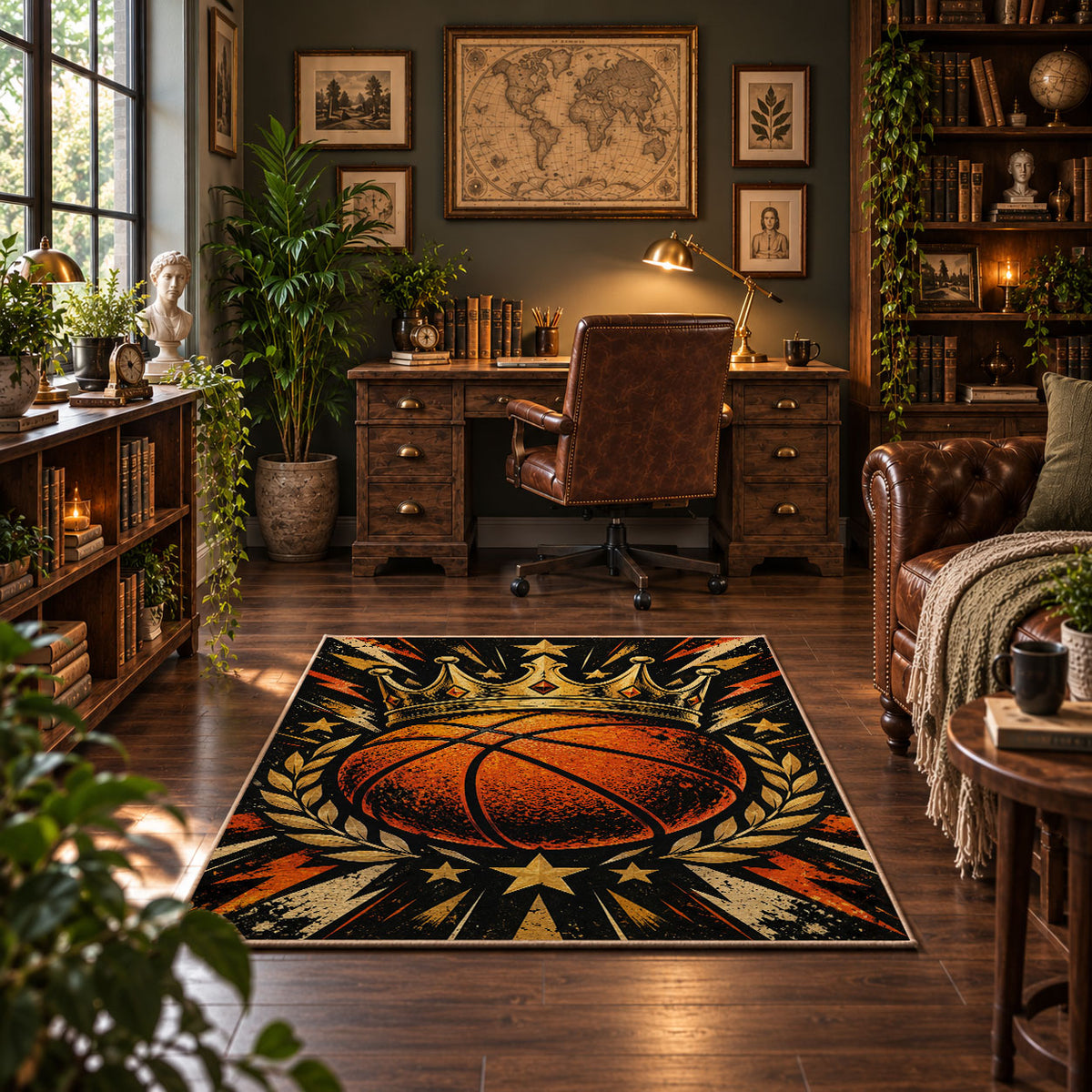 Comic Burst Basketball Rug displayed in a home office