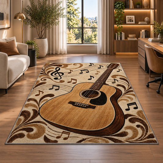 acoustic guitar music notes rug in a living room with a desk and large windows