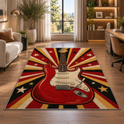 retro red electric guitar rug in a living room with a desk and large windows