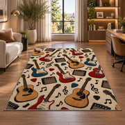 guitar pattern rug in a living room with a desk and large windows