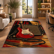 electric guitar and amp stage rug in a living room with a desk and large windows