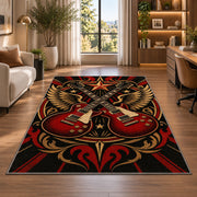 crossed guitars rock emblem rug in a living room with a desk and large windows
