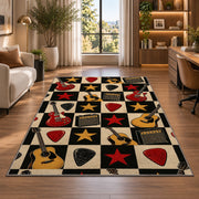 checkered rock guitar rug in a living room with a desk and large windows
