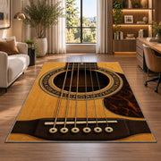 acoustic guitar soundhole rug in a living room with a desk and large windows