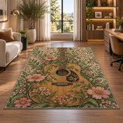 boho guitar and wildflowers rug in a living room with a desk and large windows