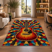 guitar pick mosaic rug in a living room with a desk and large windows