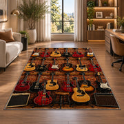guitar shop wall rug in a living room with a desk and large windows
