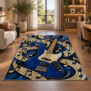 blue bass guitar rug in a living room with a desk and large windows