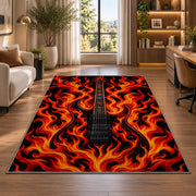 flaming electric guitar rug in a living room with a desk and large windows