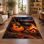 campfire guitar night rug in a living room with a desk and large windows
