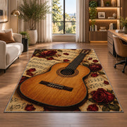 classical guitar sheet music rug in a living room with a desk and large windows