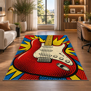 pop art electric guitar rug in a living room with a desk and large windows