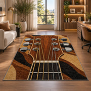 guitar headstock rug in a living room with a desk and large windows