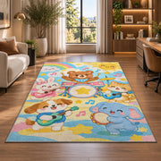 kids animal band rug in a living room with a desk and large windows