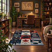 Classic Hockey Collage Rug displayed in a home office