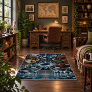Hockey Goal and Players Collage Rug displayed in a home office