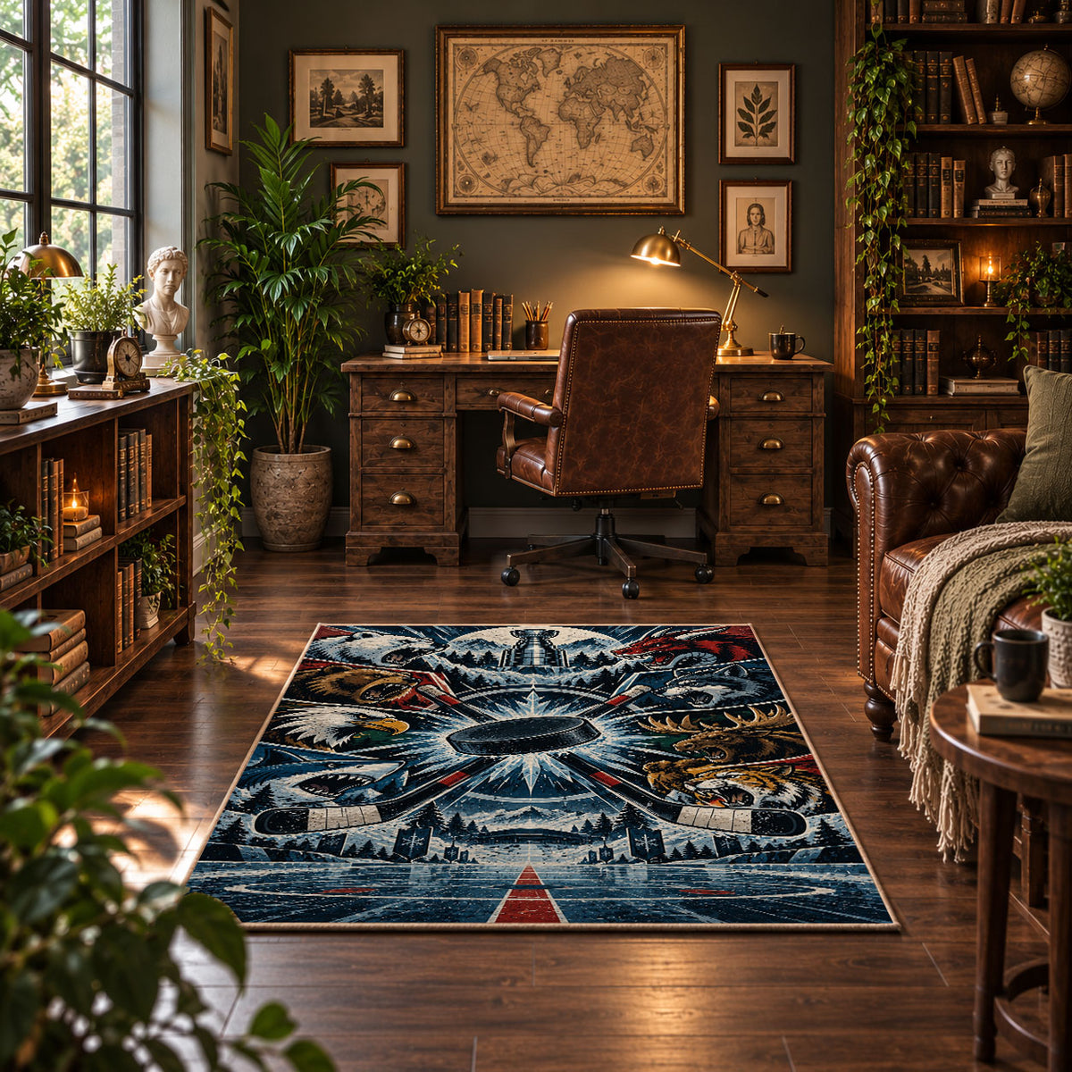 Mountain Hockey Compass Rug displayed in a home office