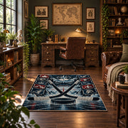 Crossed Hockey Sticks Frozen Rink Rug displayed in a home office